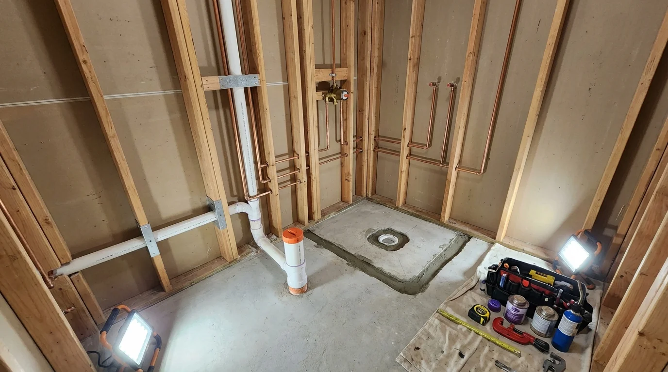 Bathroom rough-in plumbing during remodel by Johns Plumbing LLC in Chantilly