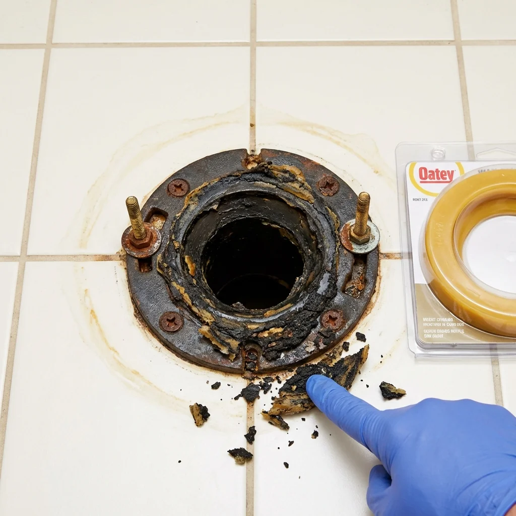Failed wax ring showing water seepage at the base of a toilet in a Chantilly, VA home