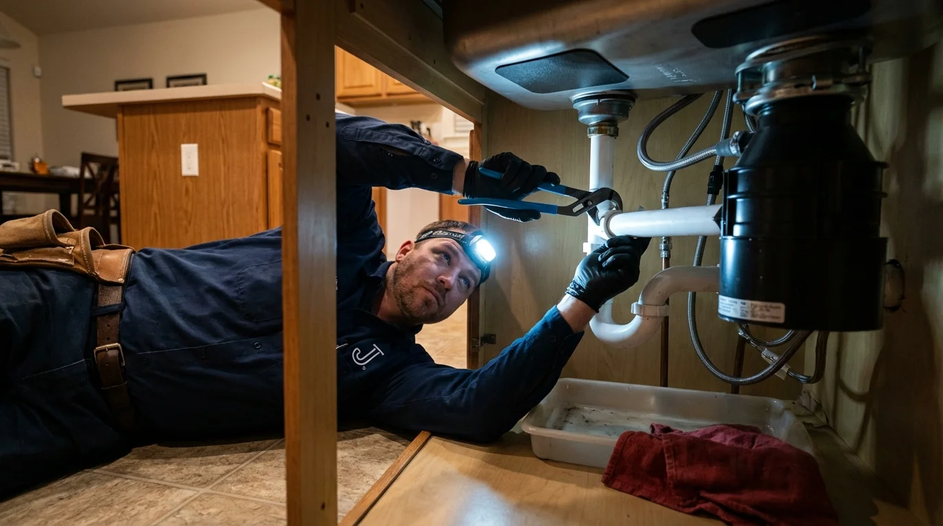 P-trap and supply line connections under a kitchen sink showing a common leak point in Chantilly, VA